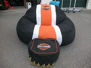 Huge Harley Davidson Overstuffed Bean Bag Chair and Ottoman