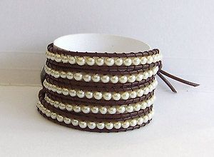 Chan Luu Inspired Wrap Bracelet Ivory Colored Pearls on Brown Leather 