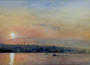 Original Watercolor by Wayne Daniels Cazenovia Lake Sunset 9x12