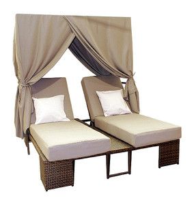 Double Pool Patio Chaise Lounge Chair Set w Canopy