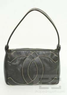 Chanel Black Caviar Leather Beige Topstitched Small Monogram Handbag 