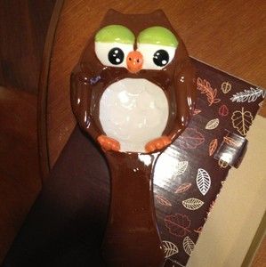 Large Ceramic Brown Owl Spoon Rest Big Eyes High Gloss Finish NEW