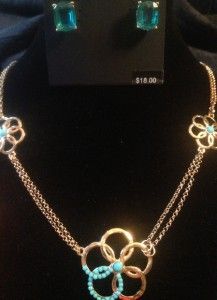   MACYS GOLD TONE TURQUOISE FLOWER LONG NECKLACE CHAIN + FREE EARRINGS