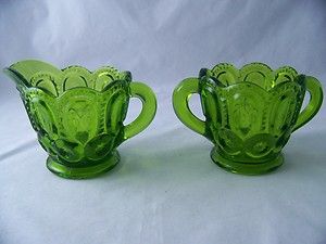 SMITH GLASS COMPANY MOON AND STAR ANTIQUE GREEN CREAM AND SUGAR 