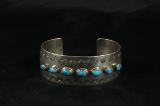   Kingman Turquoise Row Silver Cuff Bracelet Old Pawn Jewelry