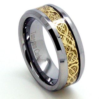 8mm Celtic Dragon Inlay Unisex Tungsten Wedding Band Engagement Ring 