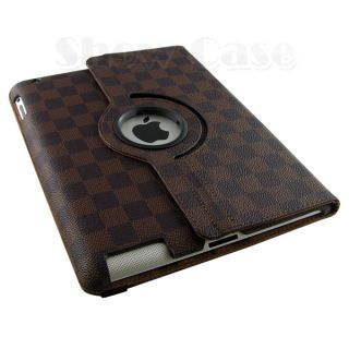 360 Rotating iPad2 iPad3 Brown Check Pattern PU Leather Case Smart 