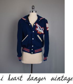   50s Letterman Jacket Varstiy Cheerleading Eagle Patch Blue Wool