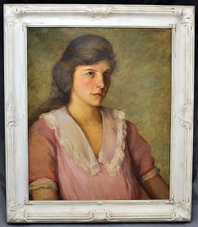 Lovely Walter M. Hardy Oil on Canvas Young Woman in Pink Dress 1921 