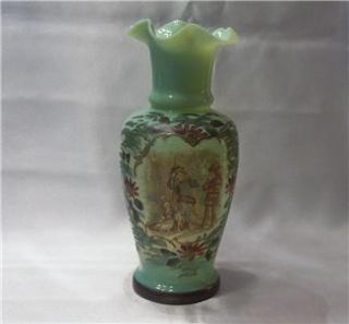 Pair of Hand Painted Green Bristol Vases Beautiful Transfer Images in 