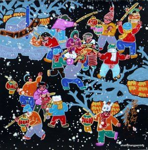 Chinese Small Peasant Painting Lantern Festival 9 8x9 8 Repro Gouache 