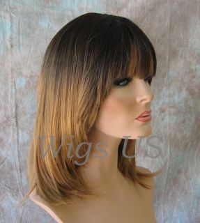 Wigs Skin Part Bangs Beveled Face Frame Layers Nutmeg Dark Roots Wig 