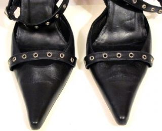Charles David Black Leather Grommet Detail Ankle Strap Heels Pump Size 