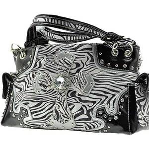 New Western Soft White & Black Zebra Rhinestone Purse Handbag w/ Cross 
