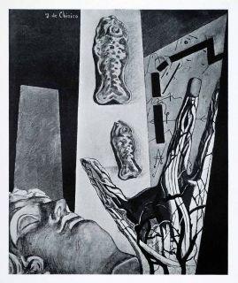 1941 Print Giorgio de Chirico Art Sculpture Fish Span Black Ladders 