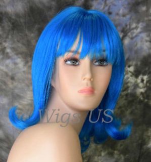 Neon Blue 60s Style Back Comb Look Bangs Center Part Flipped Ends 