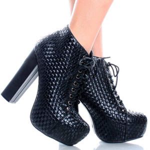 Black Woven Lace Up Women Chunky High Heel Hidden Platform Ankle Boots 