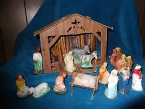 vintage Christmas nativity manger scene CARDBOARD lots of figures 