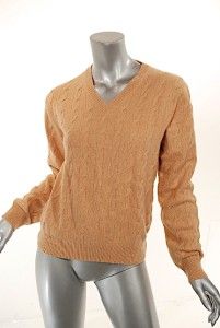 CHRISTOPHER FISCHER CAMEL 100% Cashmere V Neck Cable Sweater L