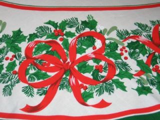 vintage christmas oval linen tablecloth holly bows