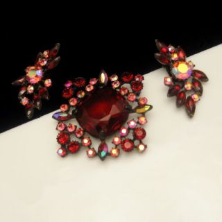Claudette RARE Vintage Brooch Pin Earrings Japanned Red Rhinestones
