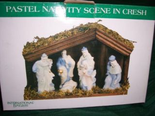 Pastel Nativity Scene in Wood Manger and China Figures from