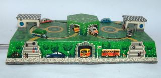Old Vintage Czech City Bus and Station Wind Up Tin Toy