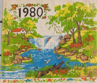 1980 Linen Calendar Tea Towel  Waterfall Stream House Church