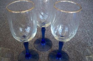 set of 7 vintage blue stem cobalt wine glasses gold rim goblets no