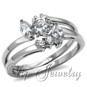 62 Ct Stainless Steel Cluster CZ Engagement Wedding Ring Set Womens