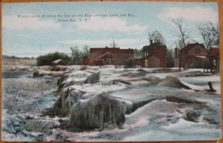 1910 NY Postcard Ice on Pier Lake Sodus Bay New York