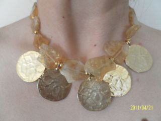 Kenneth Lane Citrine Stones Gold Coins Summer Necklace