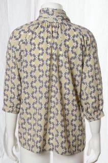 Collective Concepts Biege Navy Floral Flouncy Blouse Wear to Work Bow