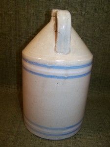 LG Antique Early 1900s Salt Glazed Stoneware Crock Jug w Blue White