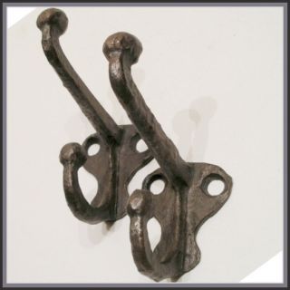  Hammered Bronzed Cast Iron 2 Antique Primitive Double Coat Hooks 152
