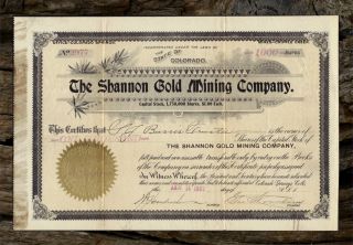1901 Shannon Gold Mining Co. Stock Certificate CRIPPLE CREEK DISTRICT