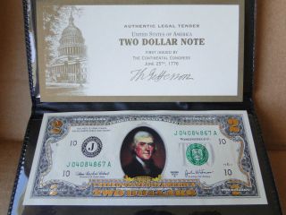 Full Color & Gilded Gold $2 Bill Colorized US Two Dollar Note NEW w