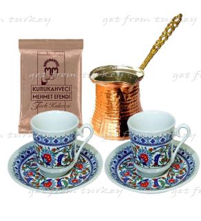 Turkish Coffee Set Porcelain Cup & Handmade Copper Pot