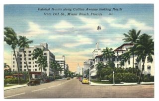  Beach, FL, Palatial Hotels, Collins Avenue, 29th Street, 1950 postcard