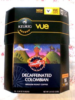 Keurig Coffee 16 Vue Packs Timothys Colombian Decaf Decaffeinated
