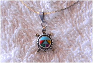 sterling silver Navajo inlaid turtle necklace multi stones .free 18