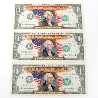  THREE COLOR DOLLAR BILL 1 U S BANK NOTE COLLECTIBLE MINT IN BILL SLIPS