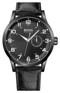 BOSS Black Aviator Round Leather Strap Watch