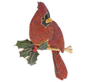 Joan Rivers Bejeweled Cardinal Pin w/Holly Leaves —