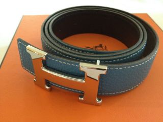 Hermes Constance H Belt Togo Leather Denim Blue 85cm Silver Buckle