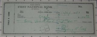 Ty Cobb Autograph 1958 Bank Check JSA LOA HOF Auto