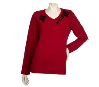 Denim & Co. Long Sleeve Stretch T shirt w/Flocked Floral Design