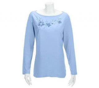 Denim & Co. Long Sleeve Bateau Neck Tee with Floral Embroidery