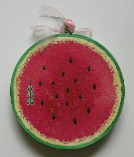 Hand Painted Folk Art Watermelon Wood Plaque Foxglove Artisan OOK