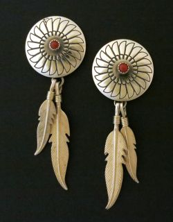 Concho Native American Sterling Silver 925 Earrings Carnelian Feathers